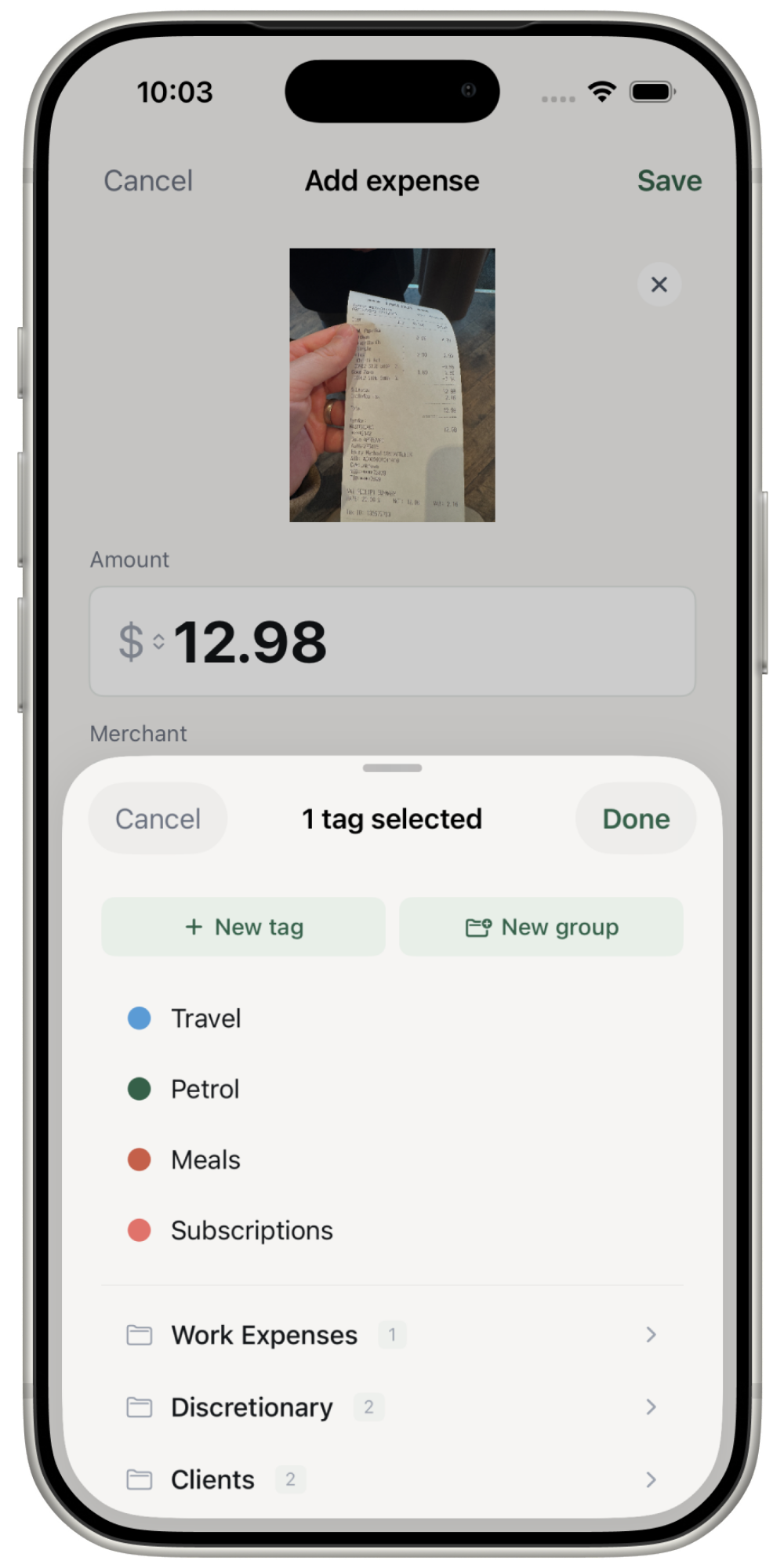 Organise expenses screen
