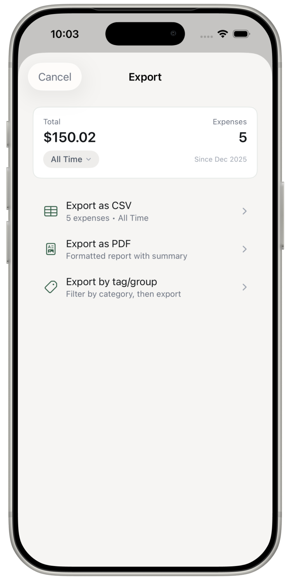 Export expenses screen